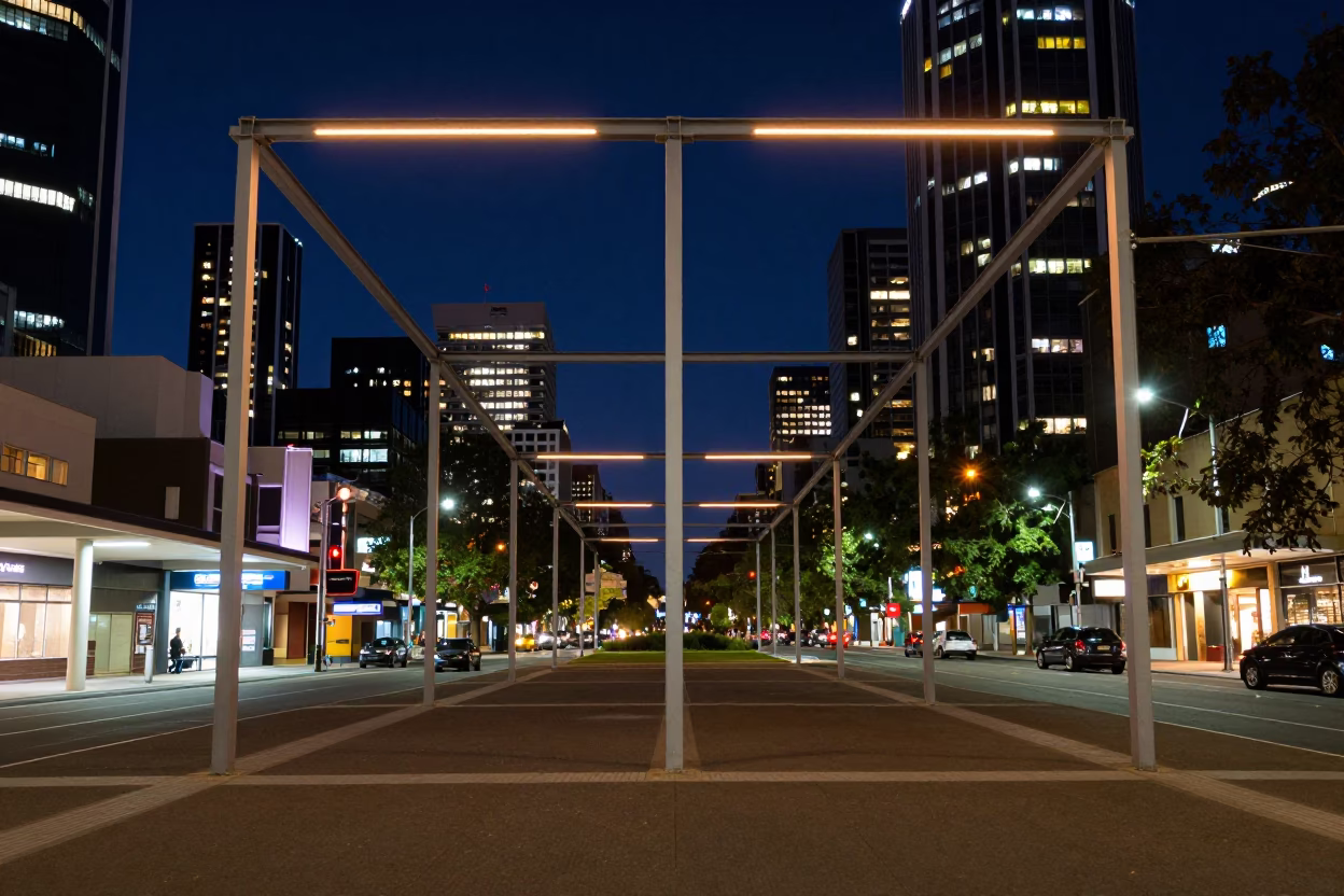 Adelaide Neon Lights And Empty Pavements at Midnight Light in in Adelaide, South Australia, Australia