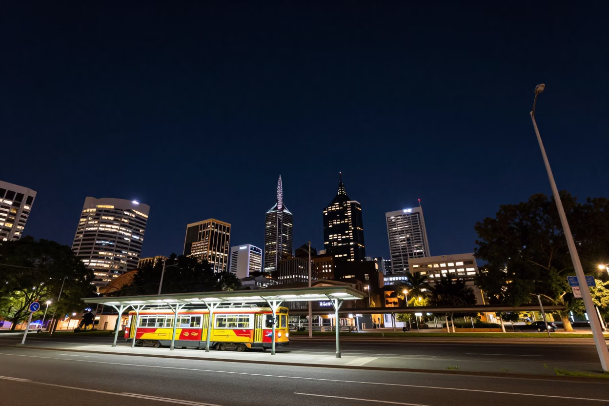 Adelaide Night Sky Over Victoria Square Tram Stop and City Lights in in Adelaide, South Australia, Australia