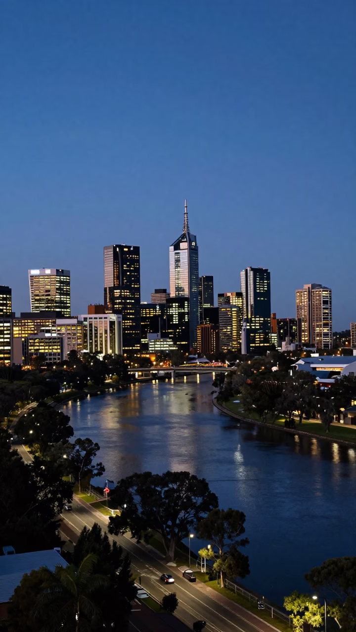 Adelaide Night Skyline and River Torrens at Twilight with City Lights in in Adelaide, South Australia, Australia