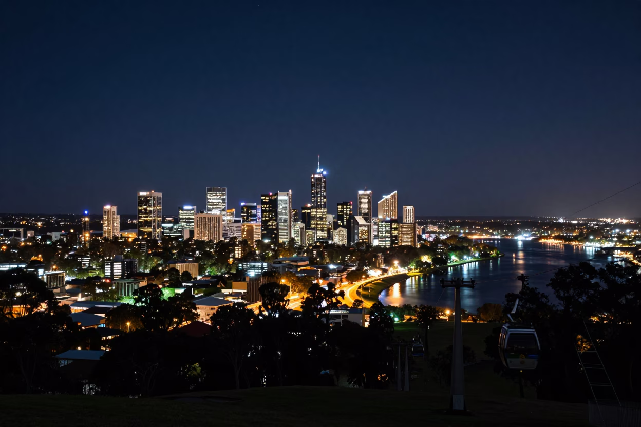 Adelaide Night Skyline with Cable Car and Distant Dam Infrastructure in in Adelaide, South Australia, Australia