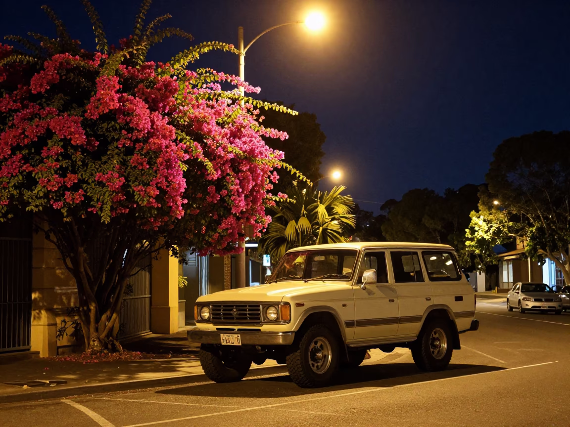 Adelaide Night Street Scene with Vintage SUV and Bougainvillea in in Adelaide, South Australia, Australia