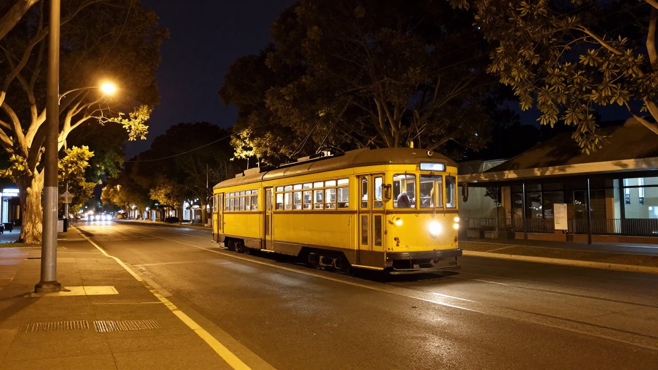 Adelaide Night Tram on Tree-Lined Boulevard Late at Night in in Adelaide, South Australia, Australia