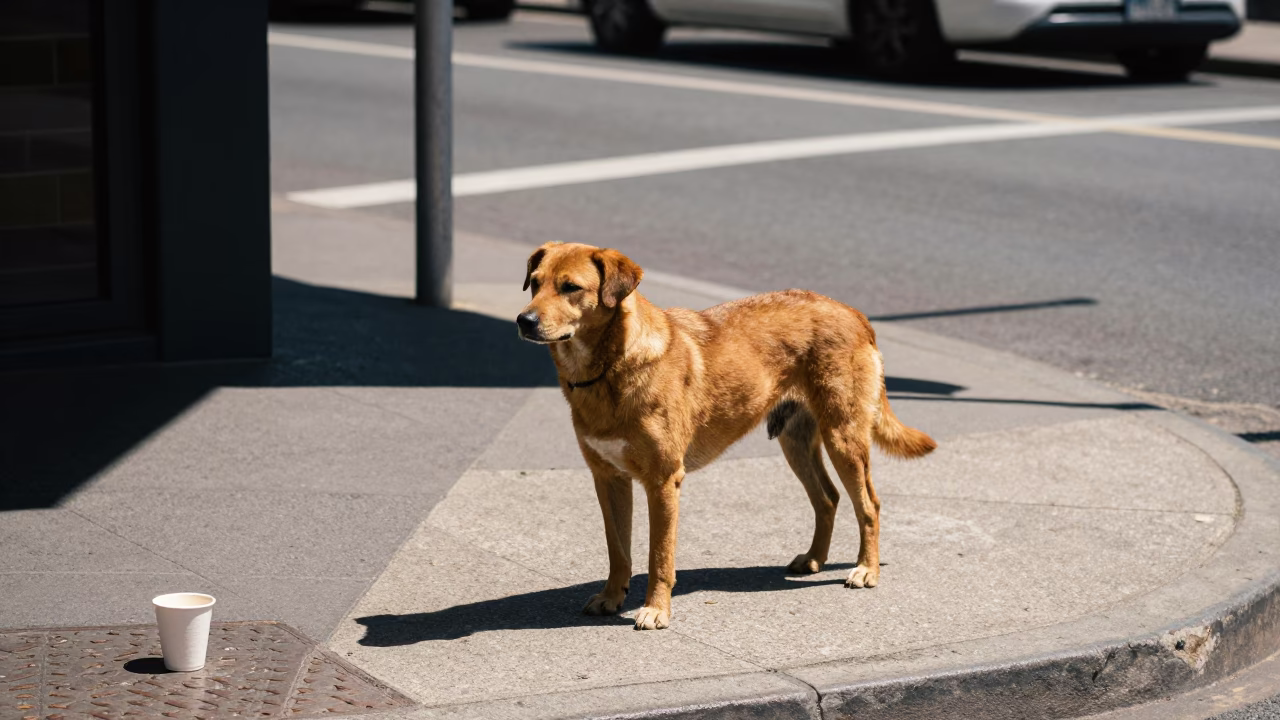 Adelaide Noon Street Scene with Brown Dog and Coffee Cupper at Local Cafe in in Adelaide, South Australia, Australia