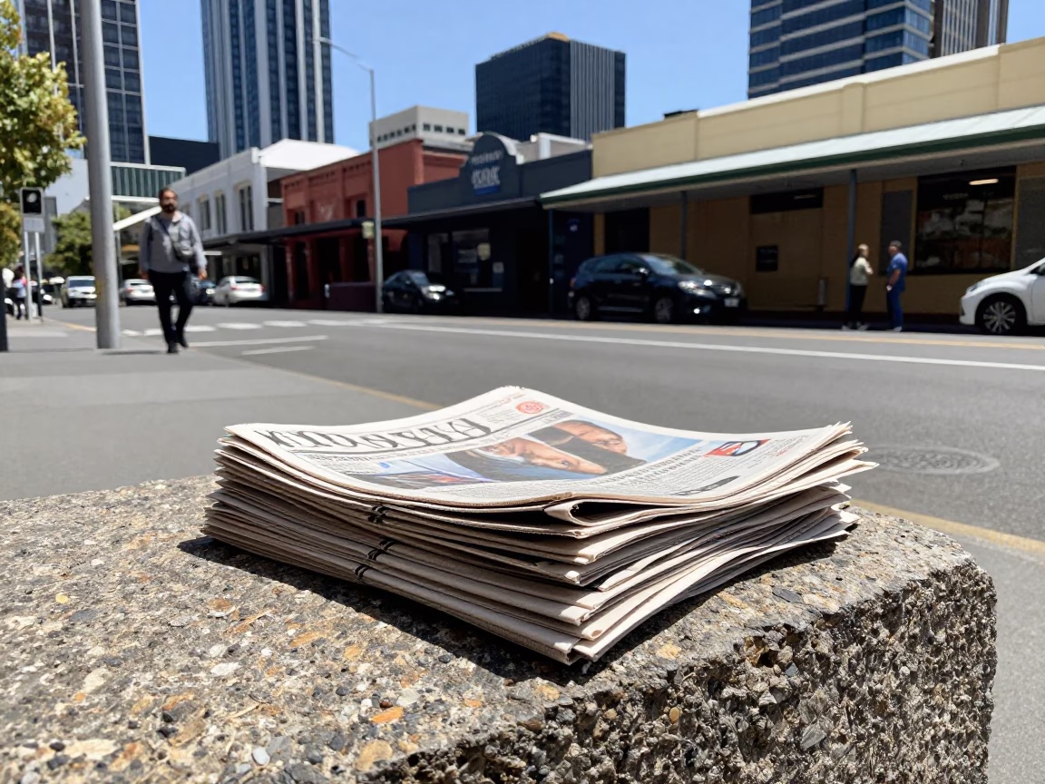 Adelaide Noon Street Scene with Newspaper Stack and Urban Details in in Adelaide, South Australia, Australia
