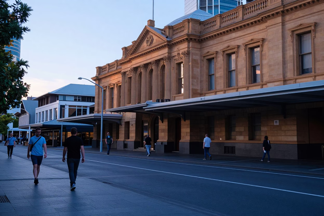 Adelaide North Terrace sunrise street scene with commuters and historic architecture in in Adelaide, South Australia, Australia