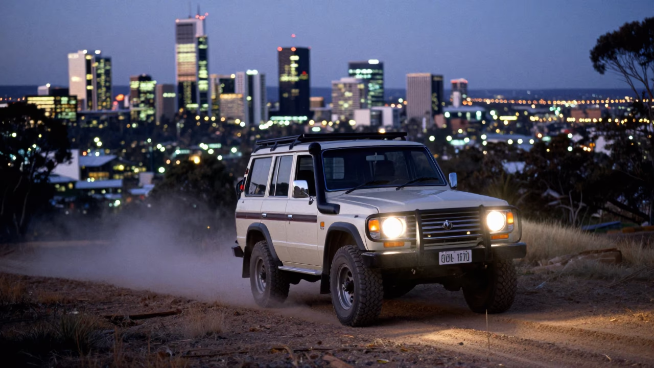 Adelaide Off-road SUV at As City Lights Begin To Glow in in Adelaide, South Australia, Australia