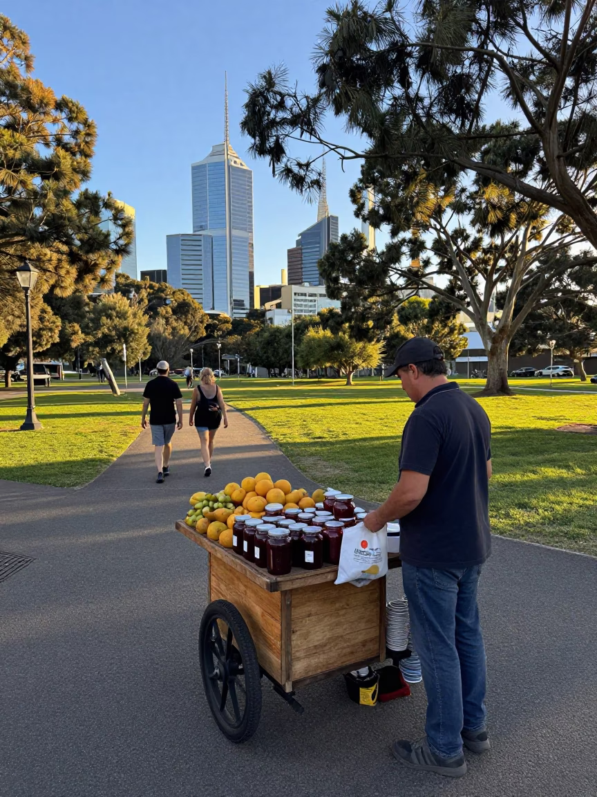 Adelaide Park Lands afternoon stroll with fruit vendor and vintage bicycle near Botanic Garden in in Adelaide, South Australia, Australia