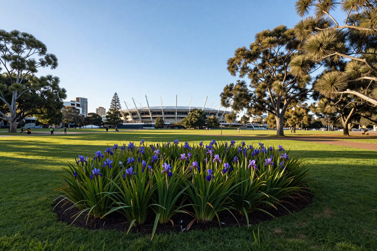 Adelaide Park Lands Afternoon with Wild Iris and Brushed Steel Stool in South Australia in in Adelaide, South Australia, Australia