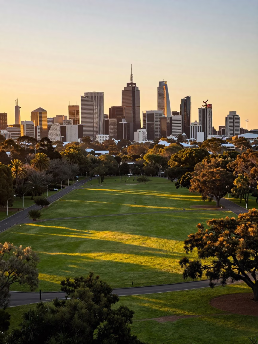 Adelaide Park Lands And City Skyline at Sunset Light in in Adelaide, South Australia, Australia