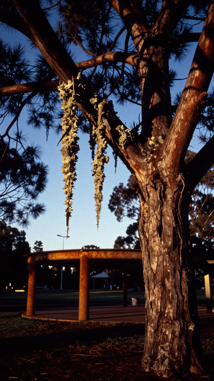 Adelaide Park Lands Dawn Lichen and Rusty Infrastructure Before Sunrise in in Adelaide, South Australia, Australia