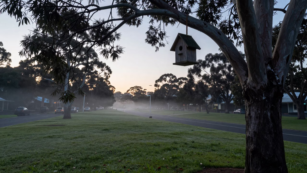Adelaide Park Lands Dawn Street Scene with Birdhouse and Local Flora in in Adelaide, South Australia, Australia