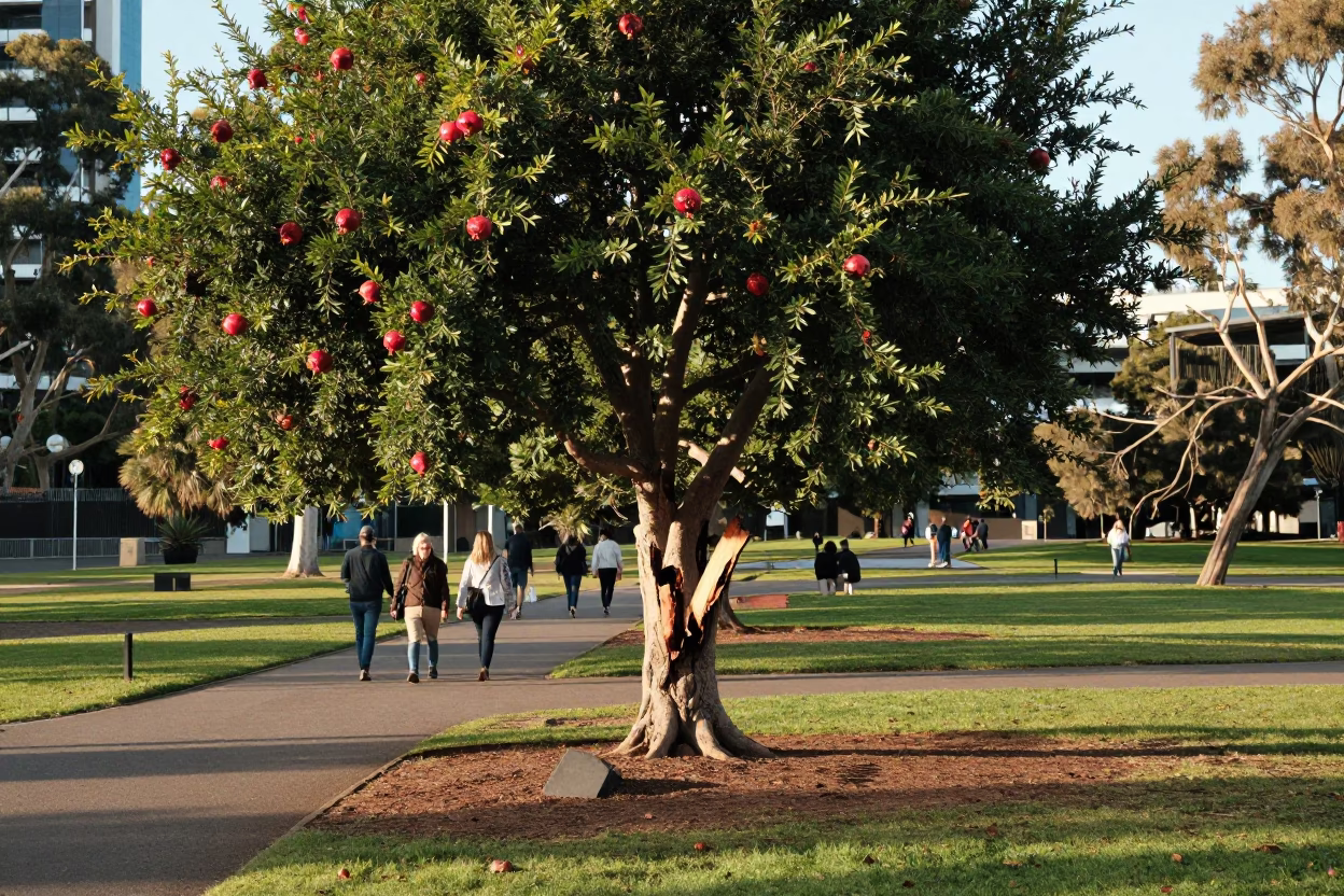 Adelaide Park Lands Early Afternoon Pomegranate Tree with Split Fruit and Pedestrians in in Adelaide, South Australia, Australia