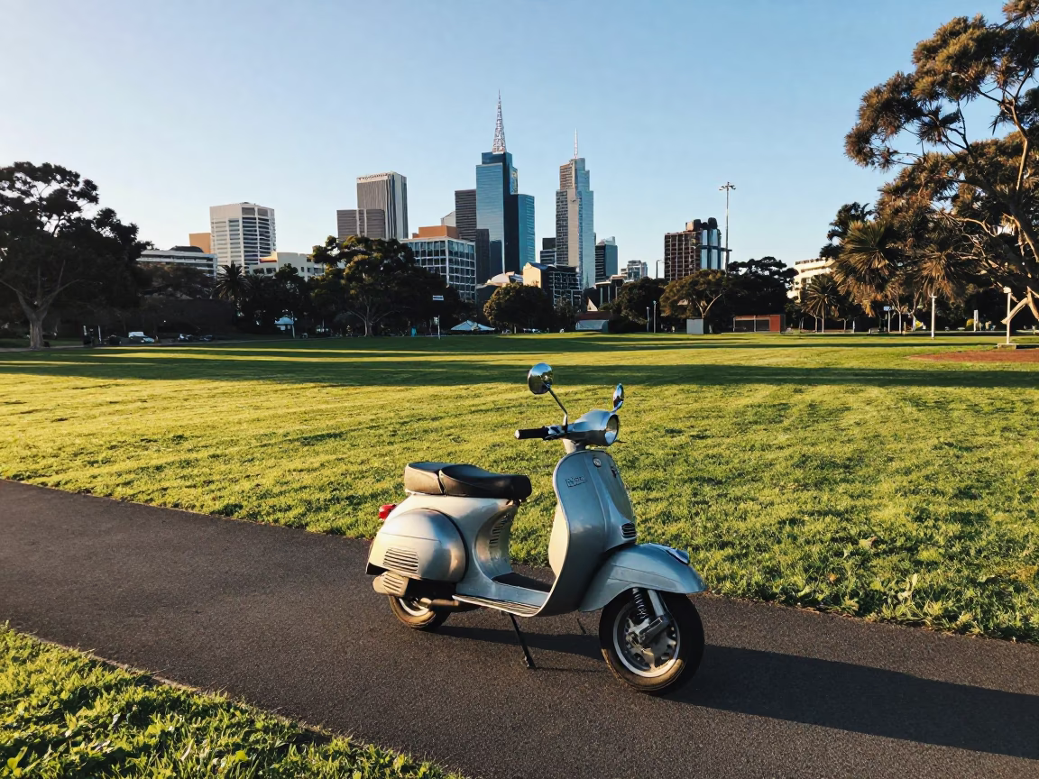 Adelaide Park Lands late afternoon stroll with scooter and urban parkland scenery in in Adelaide, South Australia, Australia