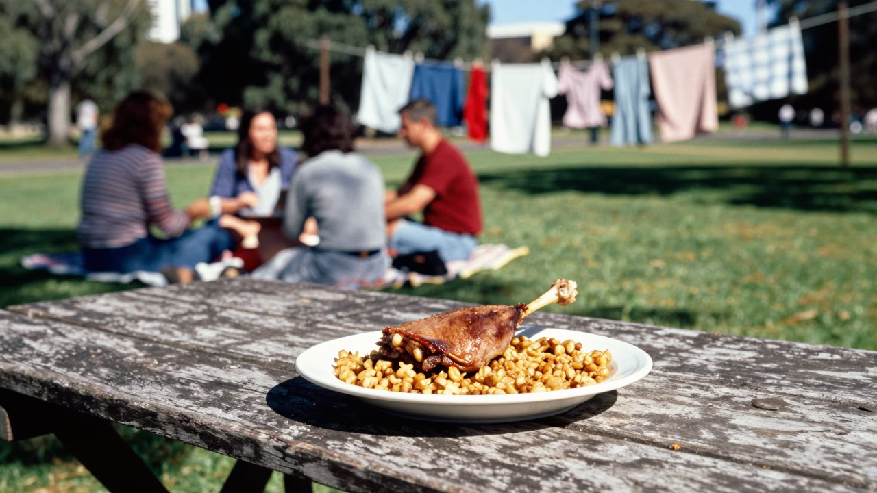 Adelaide Park Lands Picnic Scene with Cassoulet and Laundry Drying in Early Afternoon Sunlight in in Adelaide, South Australia, Australia