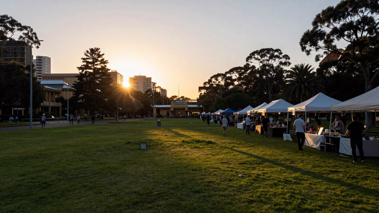 Adelaide Park Lands Sunset Street Scene with Market Vendors and Cyclists in South Australia in in Adelaide, South Australia, Australia