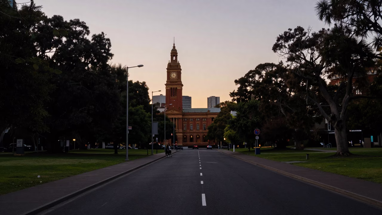 Adelaide Parklands Before Dawn with Sunrise Light and Quiet Morning Street Scene in in Adelaide, South Australia, Australia