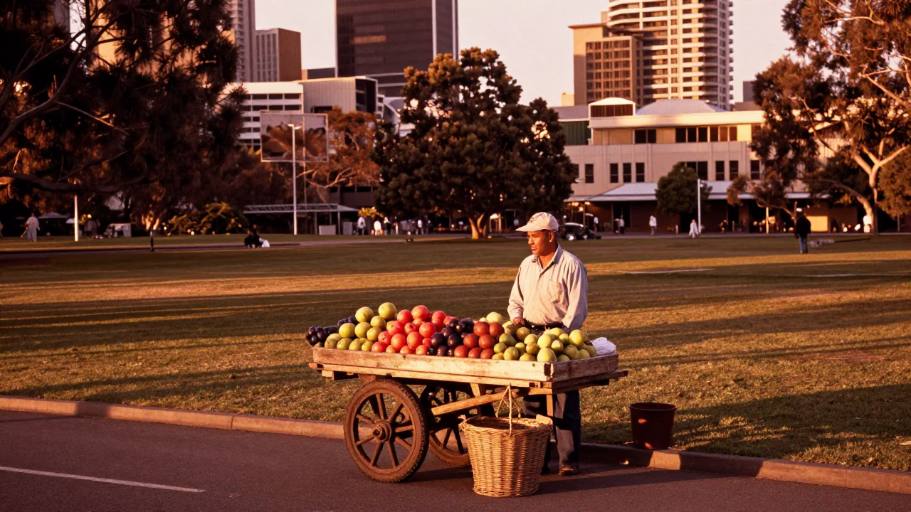 Adelaide Parklands before dusk with fruit vendor and wicker basket shadows in in Adelaide, South Australia, Australia