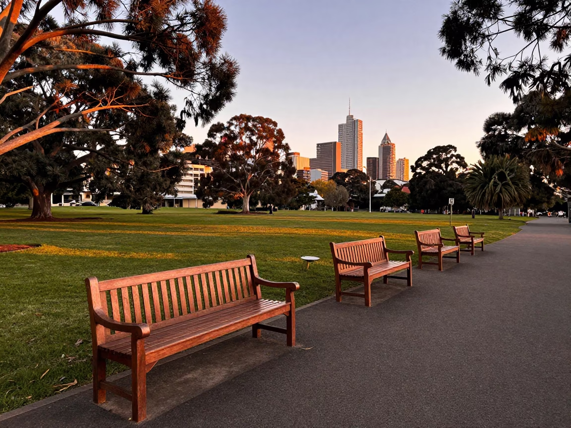 Adelaide Parklands Before Dusk with Garden Benches and Copper Toned Light in in Adelaide, South Australia, Australia