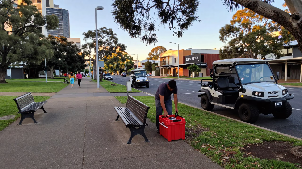 Adelaide Parklands Early Afternoon Street Scene with Tool Caddies and Urban Infrastructure in in Adelaide, South Australia, Australia