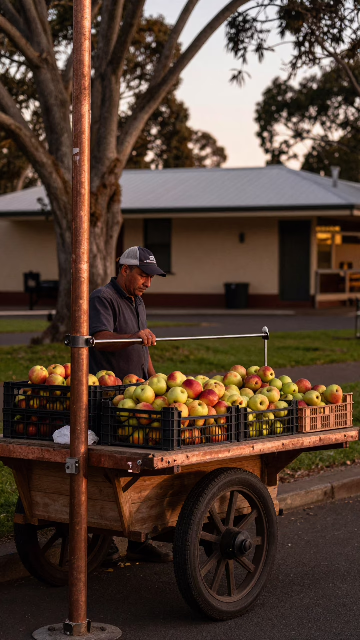 Adelaide Parklands Evening Scene with Fruit Stall and Peg Rail Under Copper Light in in Adelaide, South Australia, Australia
