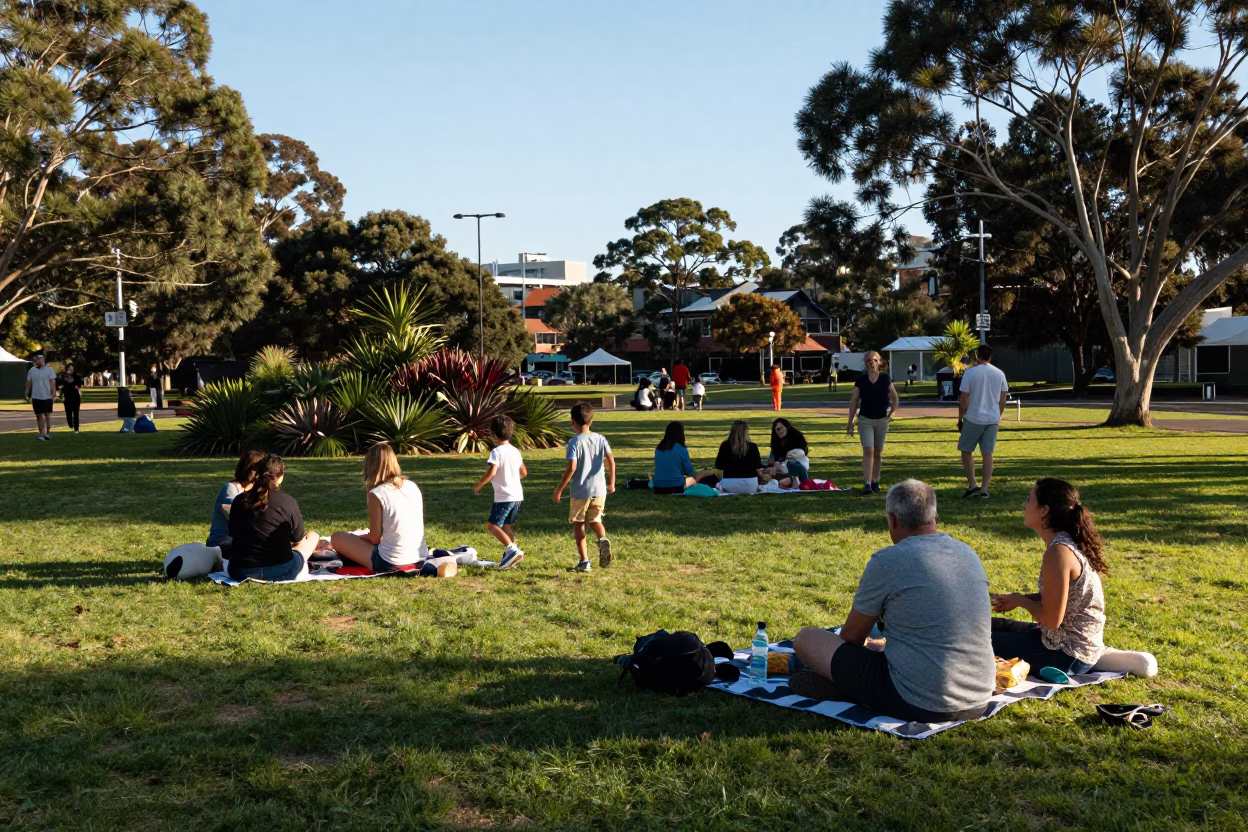 Adelaide Parklands Late Afternoon Family Picnic with Houseplants and Greenery in in Adelaide, South Australia, Australia