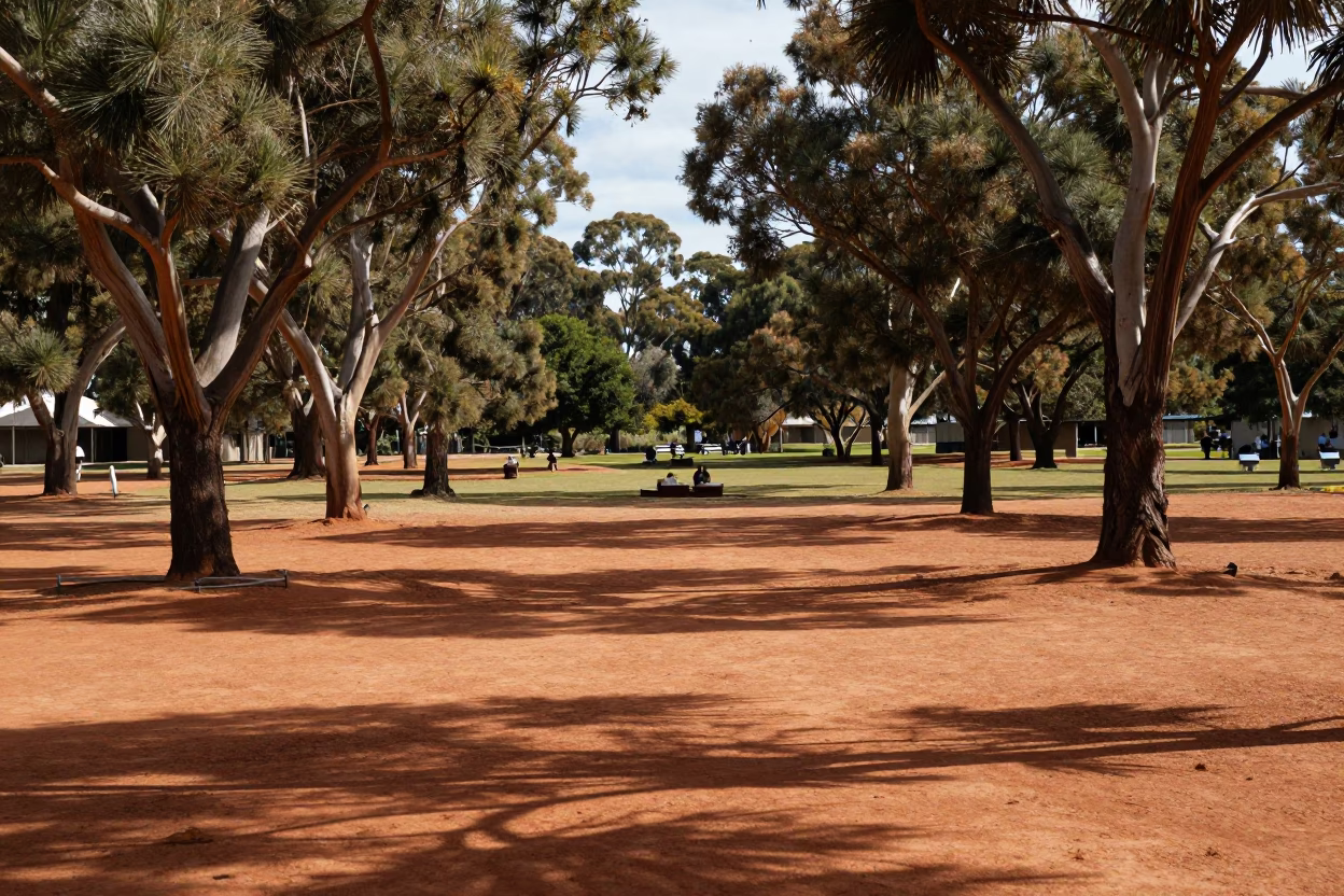 Adelaide Parklands Lunch Break Under Flat Noon Glare with Rusty Park Bench in in Adelaide, South Australia, Australia