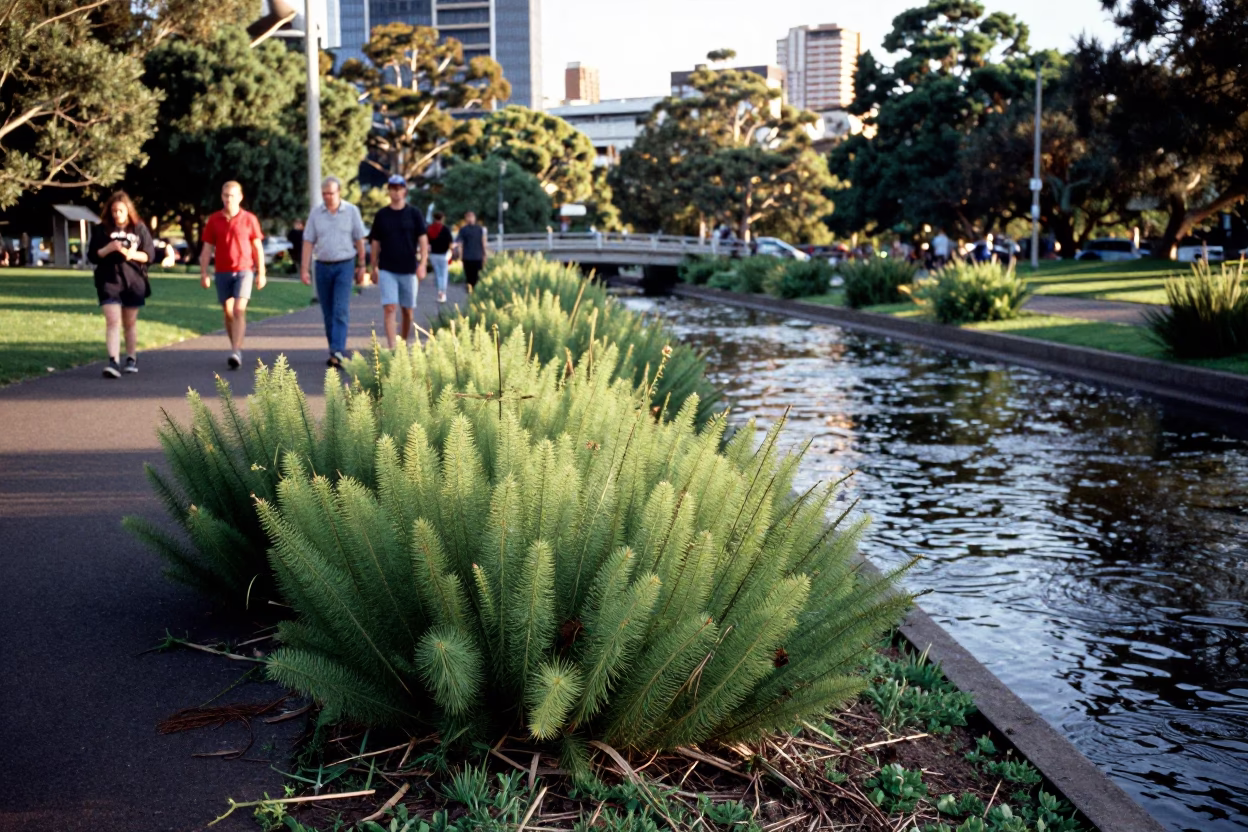 Adelaide Parklands Summer Afternoon with Horsetail Plants and Vintage Street Scene in in Adelaide, South Australia, Australia