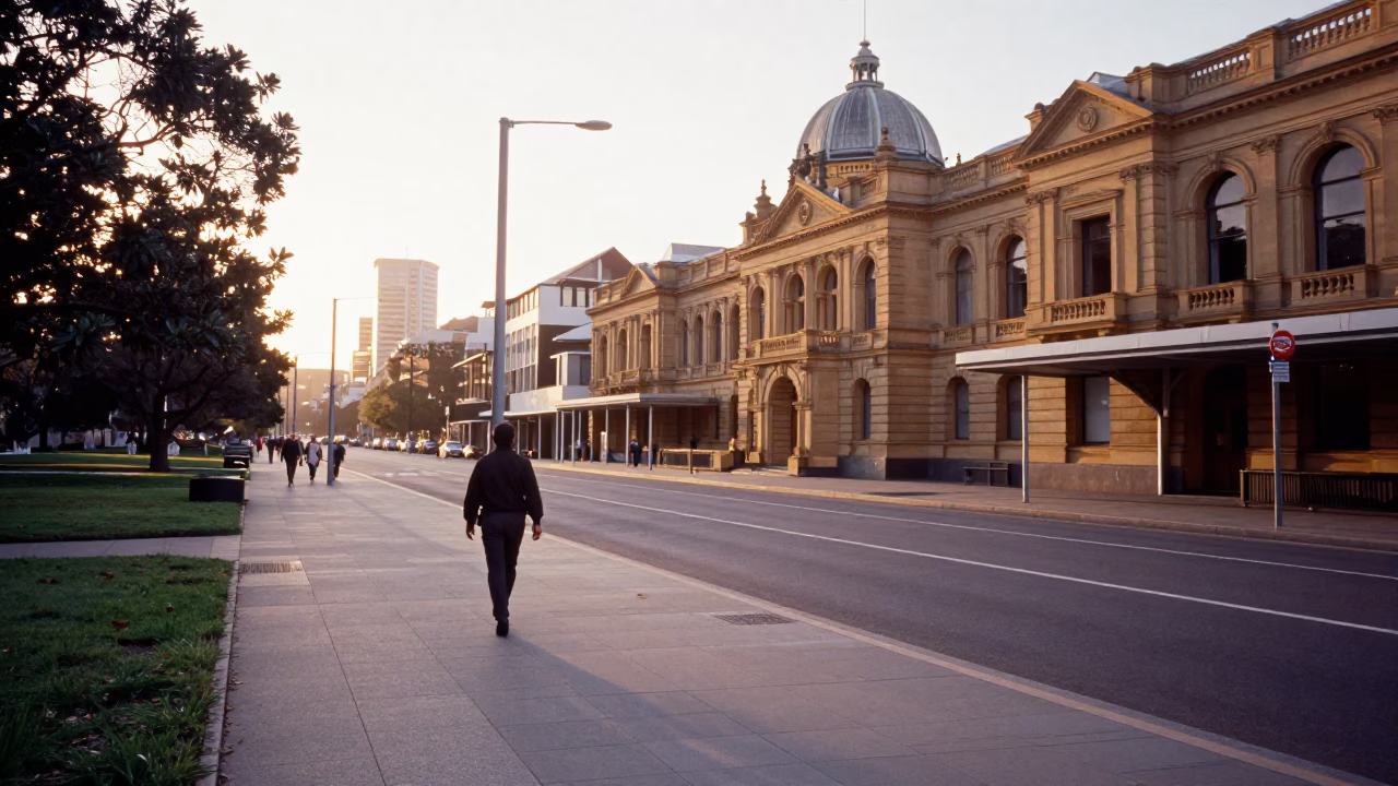 Adelaide Parklands Sunrise Street Scene with Morning Coffee and Urban Architecture in in Adelaide, South Australia, Australia