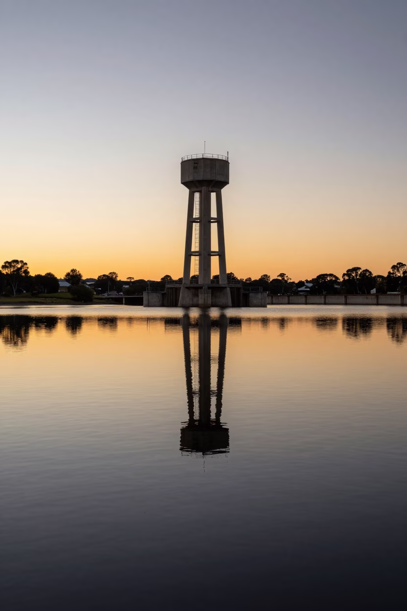 Adelaide Reservoir Intake Tower Mirrored at Golden Hour in in Adelaide, South Australia, Australia