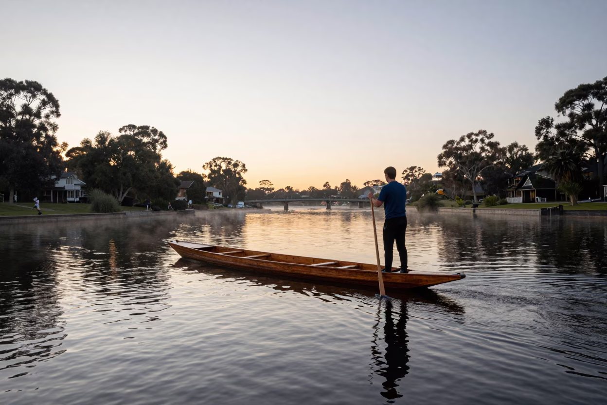 Adelaide River Punt Poling Past College Gardens at Dawn in South Australia in in Adelaide, South Australia, Australia