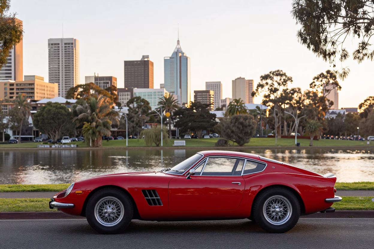 Adelaide River Torrens parklands at sunrise with vintage red sports car and morning mist in in Adelaide, South Australia, Australia