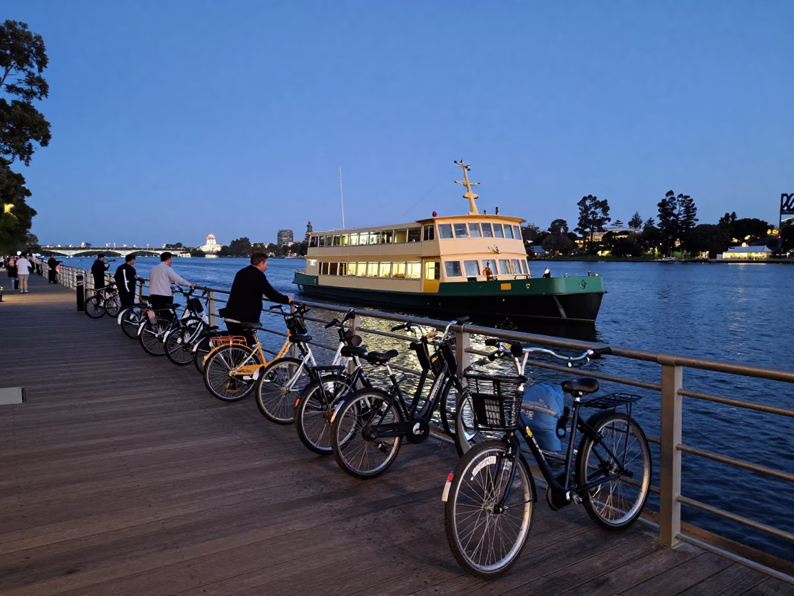Adelaide River Torrens twilight ferry dock with bicycles and passengers loading at sunset in in Adelaide, South Australia, Australia