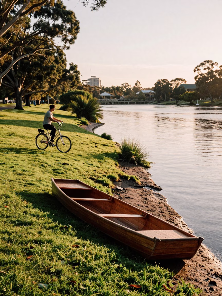 Adelaide Riverbank Morning Light with Punt and Bicycle at First Dawn in in Adelaide, South Australia, Australia