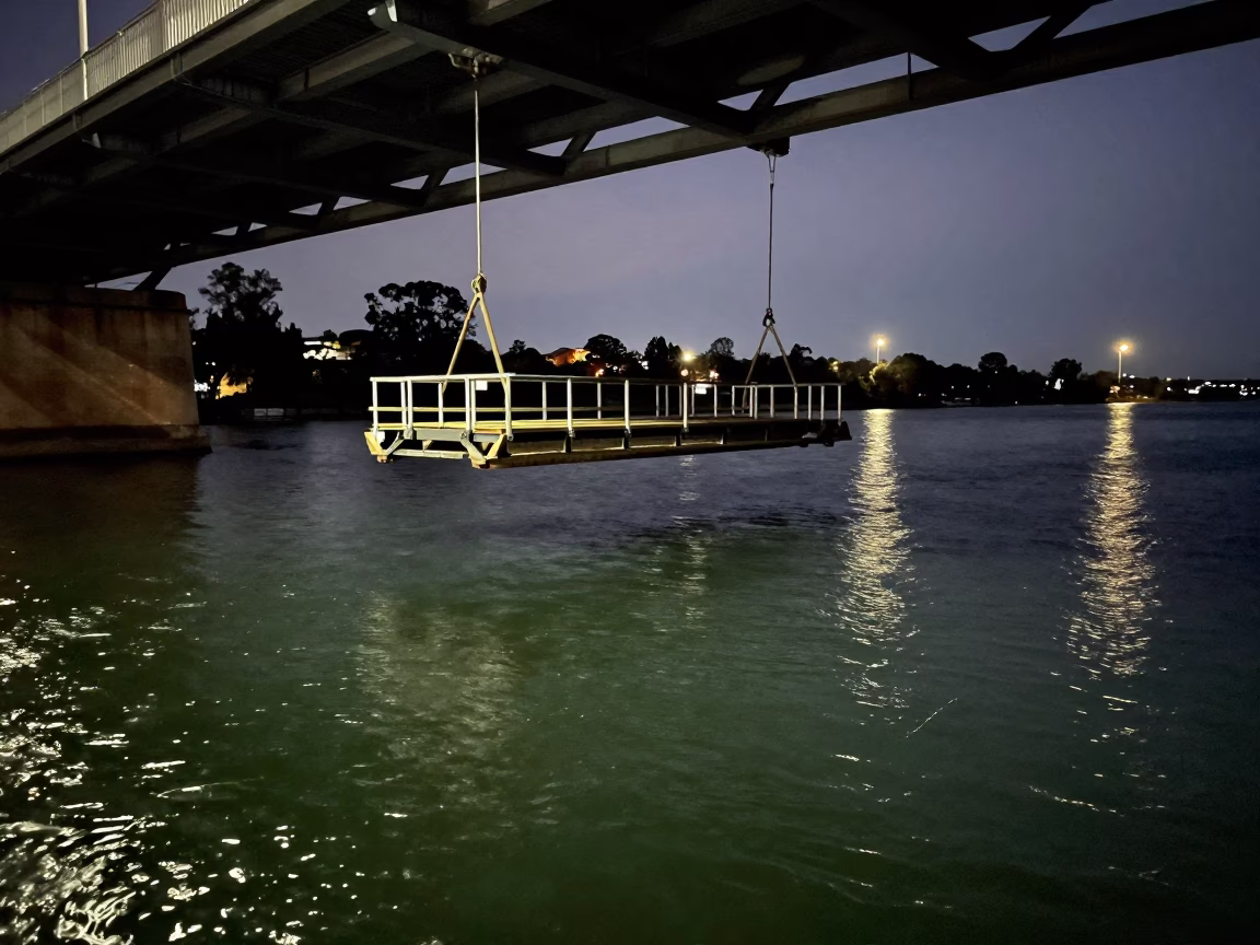 Adelaide Riverbank Predawn Bridge Maintenance Cradle Hanging Over Green Water in in Adelaide, South Australia, Australia