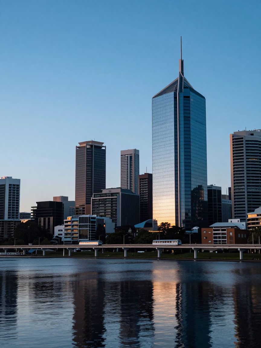 Adelaide Skyline at Nautical Dawn with Monorail Reflection in Glass Skyscraper in in Adelaide, South Australia, Australia