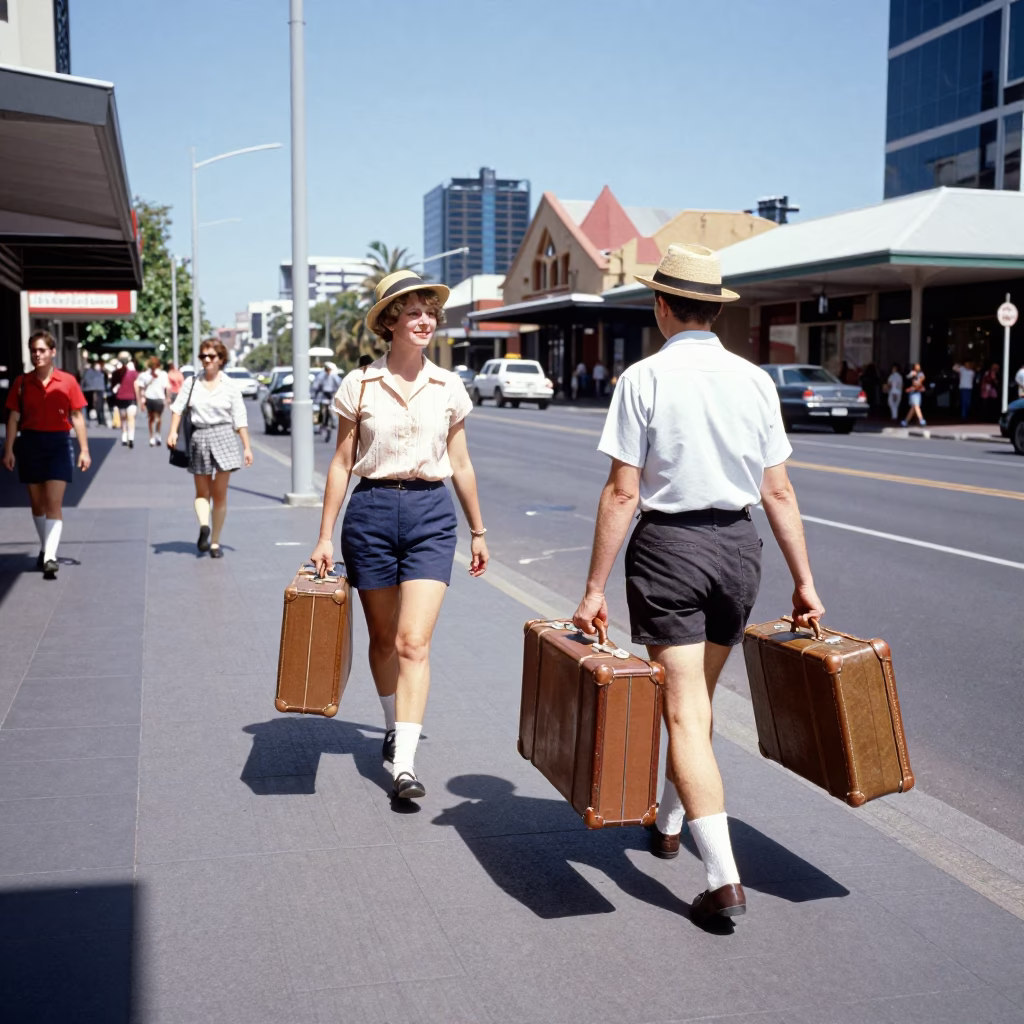 Adelaide South Australia 1960s Street Scene with Vintage Suitcases Under Noon Glare in in Adelaide, South Australia, Australia