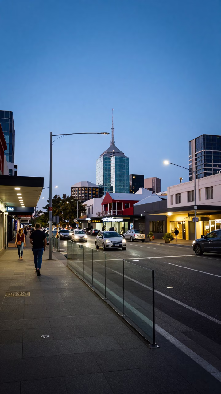 Adelaide South Australia Blue Hour Street Scene with Glass Railings and Local Life in in Adelaide, South Australia, Australia