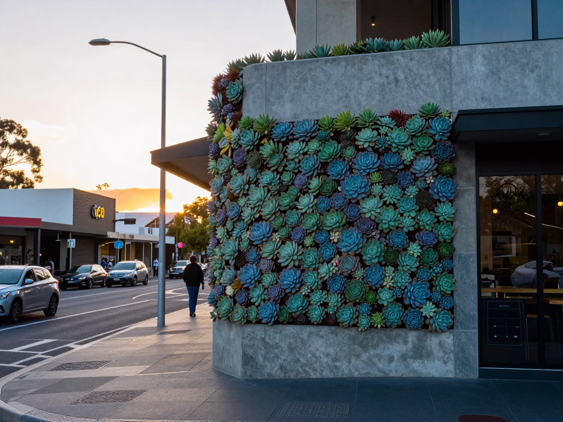 Adelaide South Australia cafe exterior living wall of succulents sunrise street scene in in Adelaide, South Australia, Australia