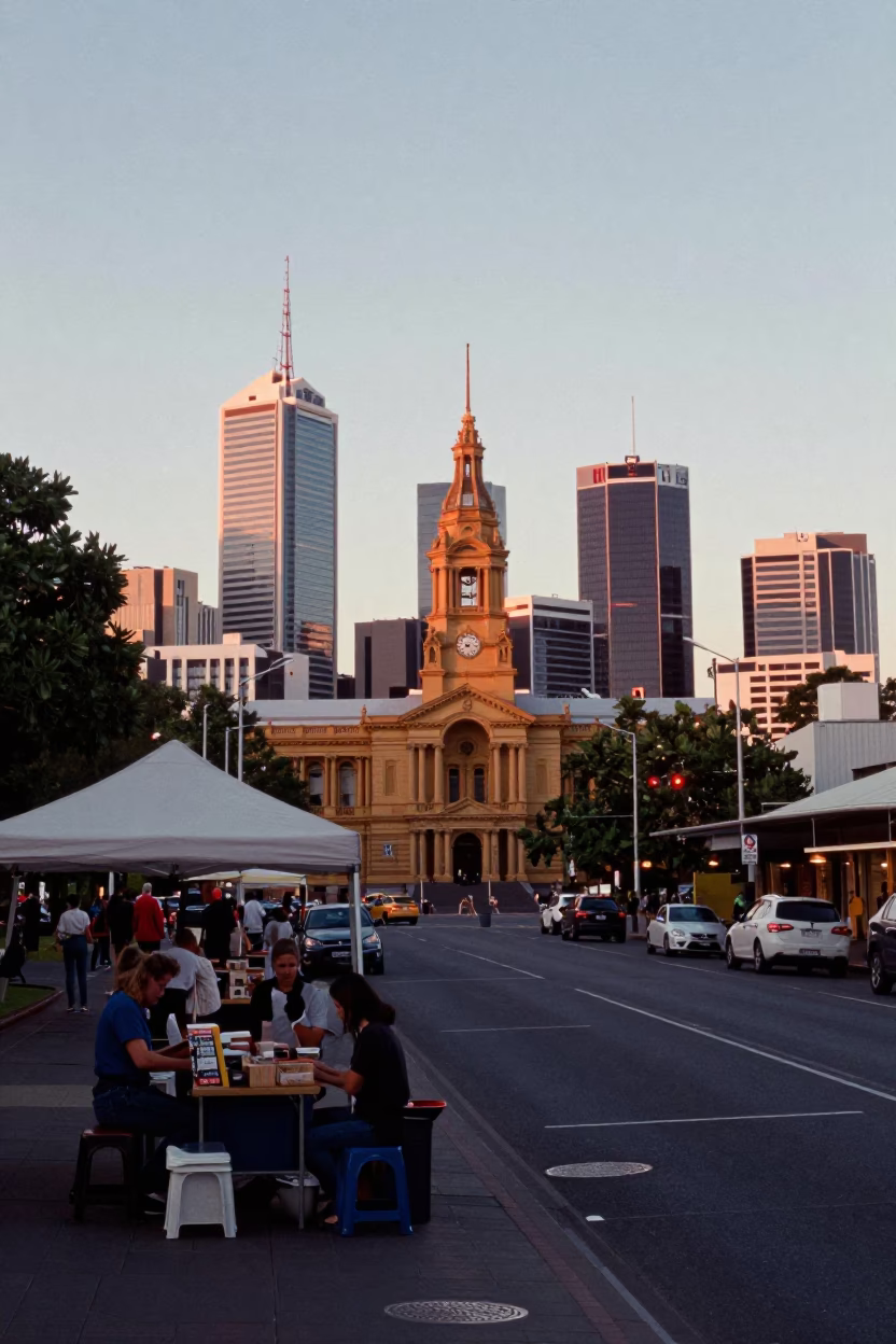 Adelaide South Australia Dawn Street Scene with Local Vendors and City Architecture in in Adelaide, South Australia, Australia