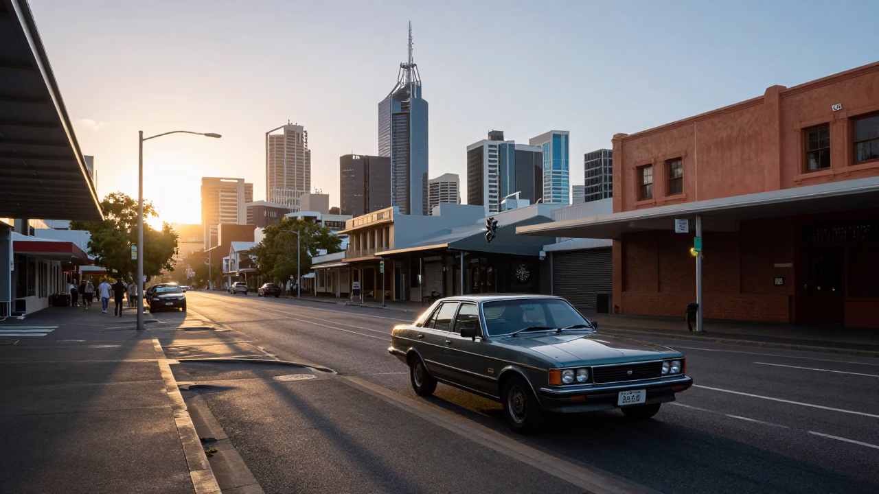 Adelaide South Australia Dawn Street Scene with Sunlight and Vintage Cars in in Adelaide, South Australia, Australia