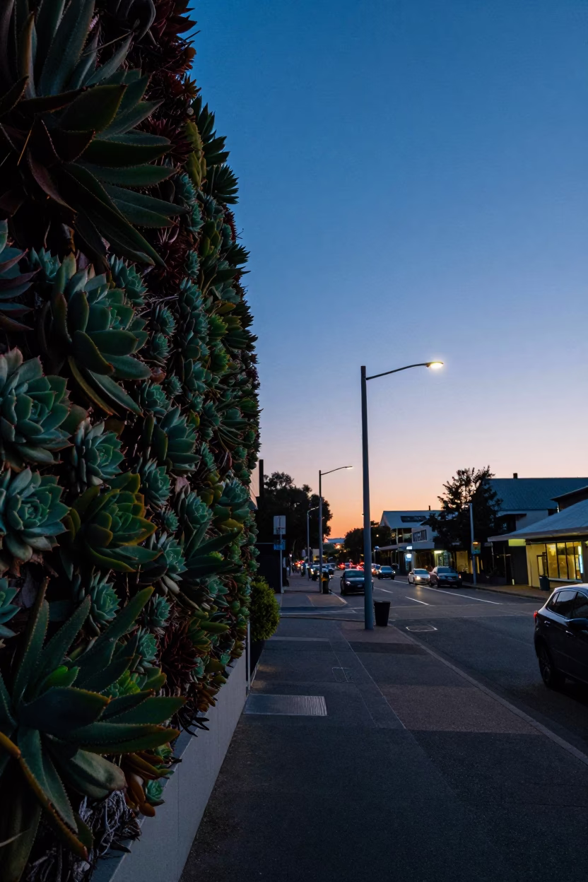 Adelaide South Australia dusk street scene with succulent living wall and pedestrians in in Adelaide, South Australia, Australia