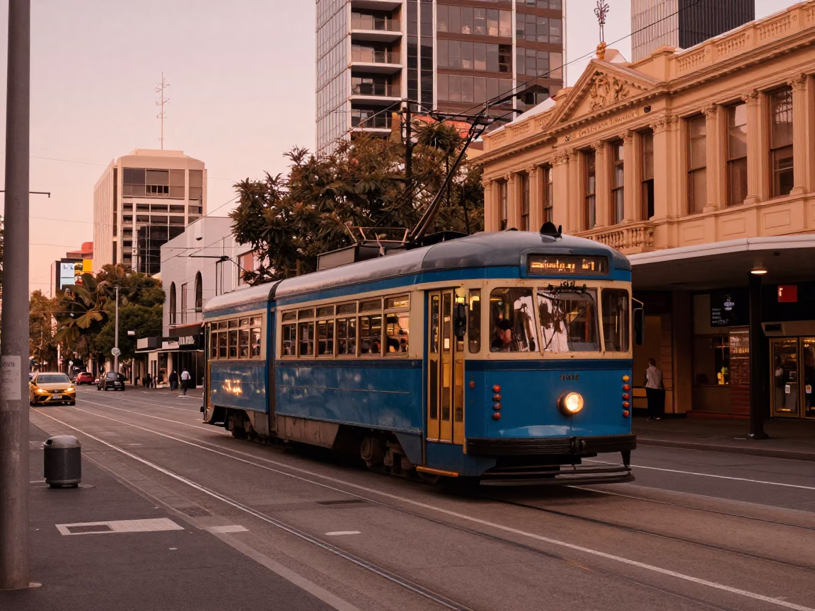 Adelaide South Australia Dusk Street Scene with Tram and Urban Architecture in in Adelaide, South Australia, Australia