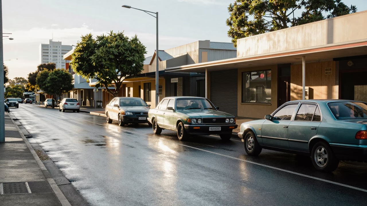 Adelaide South Australia early afternoon street scene with parked cars and urban architecture in in Adelaide, South Australia, Australia