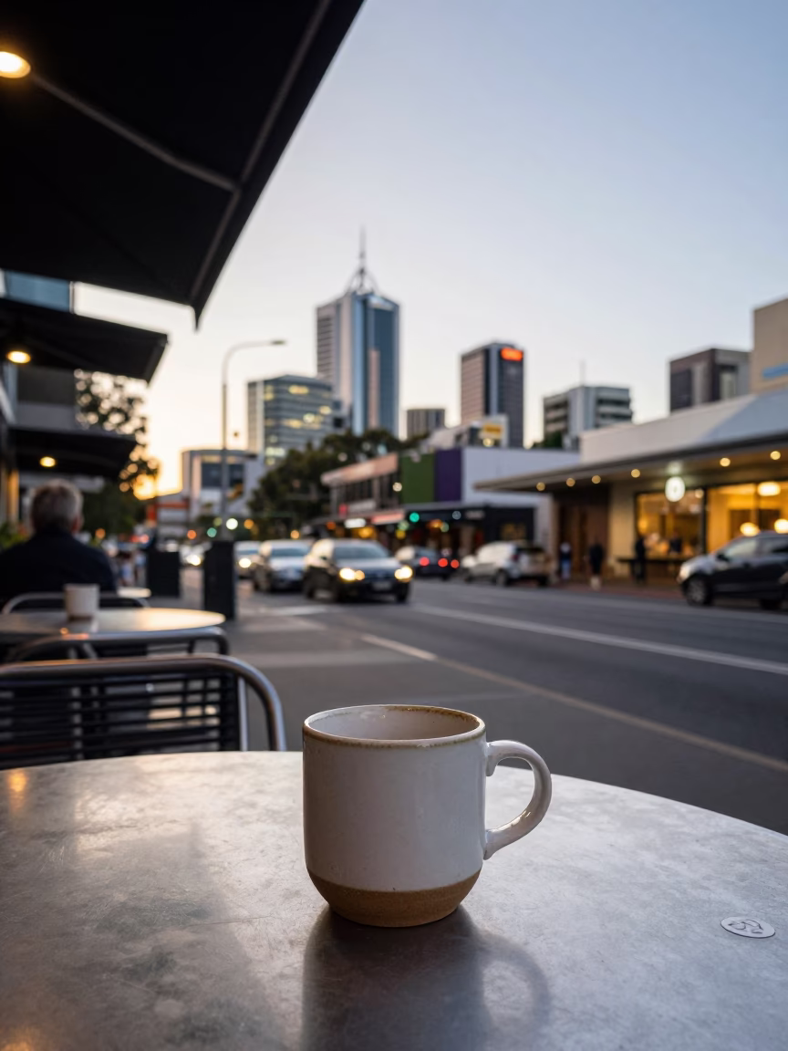 Adelaide South Australia early evening street scene with cup on table near city lights in in Adelaide, South Australia, Australia