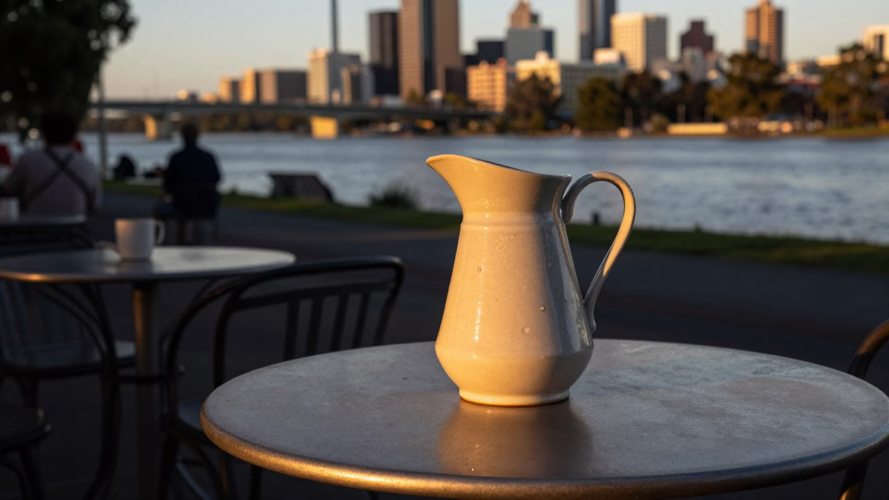 Adelaide South Australia Evening Light Pitcher on Cafe Table in in Adelaide, South Australia, Australia