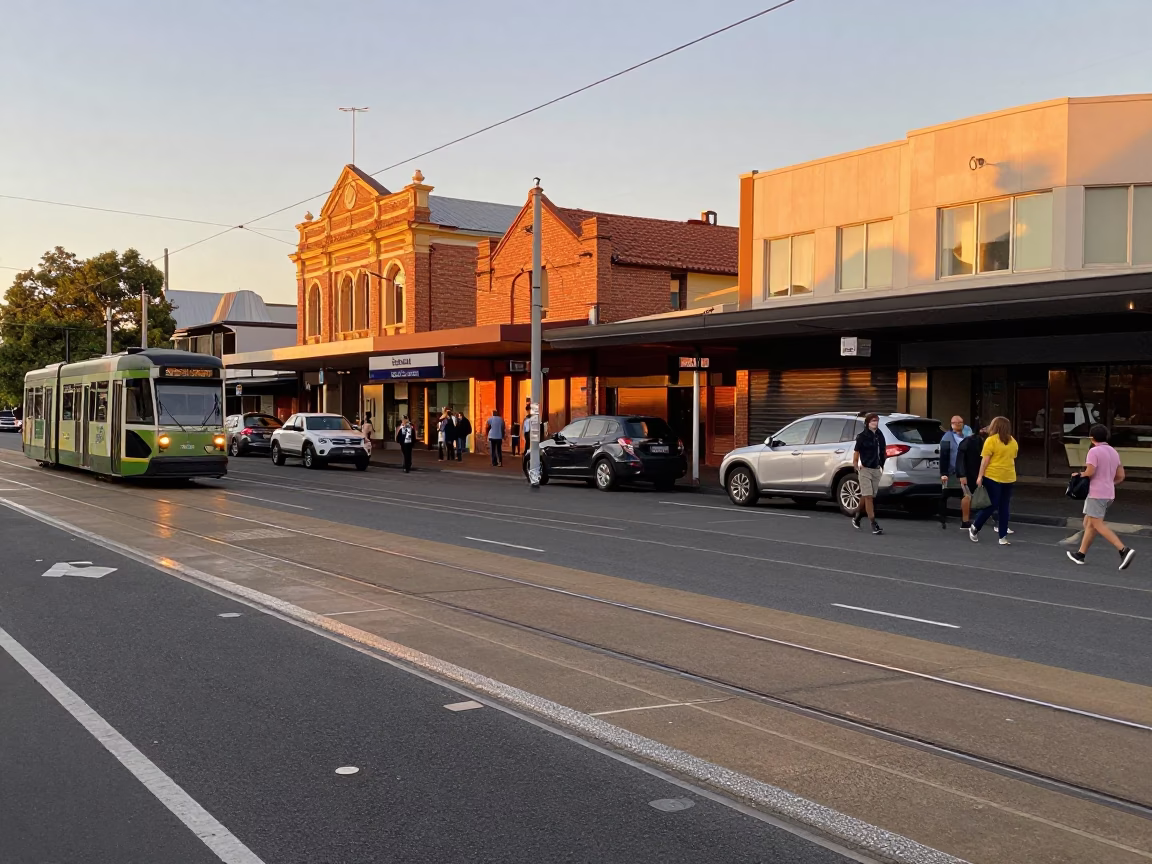 Adelaide South Australia Evening Street Scene with Grease Sheen on Rail in in Adelaide, South Australia, Australia