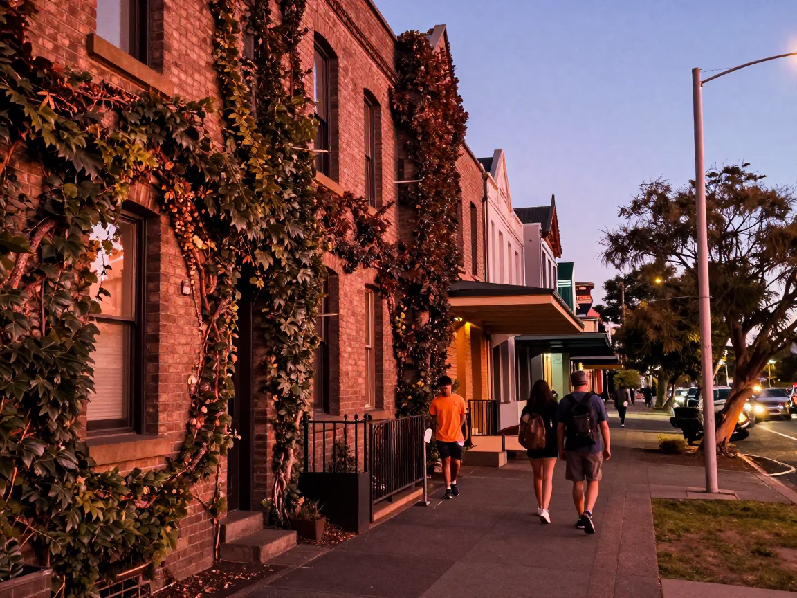 Adelaide South Australia evening street scene with ivy vines and copper light in in Adelaide, South Australia, Australia