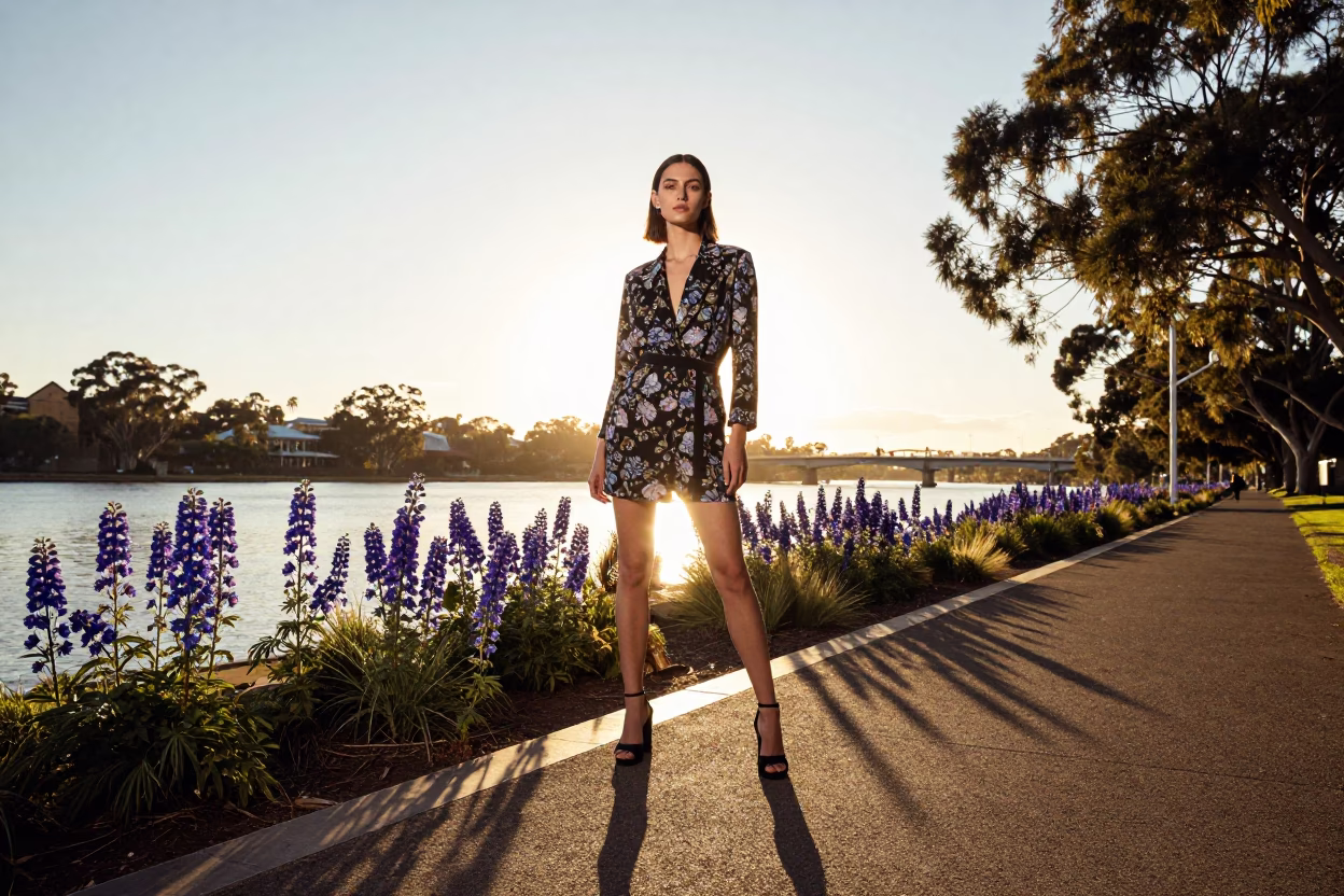 Adelaide South Australia Golden Hour High Fashion Portrait Near River Torrens with Delphinium Border in in Adelaide, South Australia, Australia