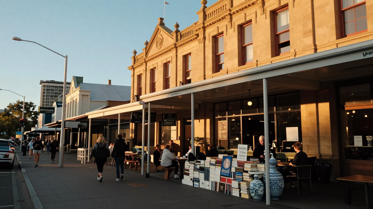 Adelaide South Australia Golden Hour Street Scene with Books and Porcelain in in Adelaide, South Australia, Australia