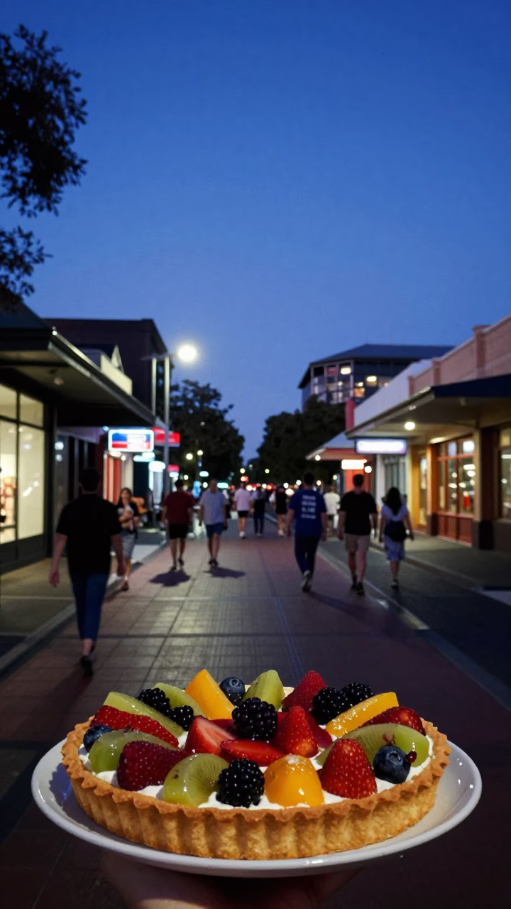Adelaide South Australia indigo twilight street scene with fruit tart tray in in Adelaide, South Australia, Australia